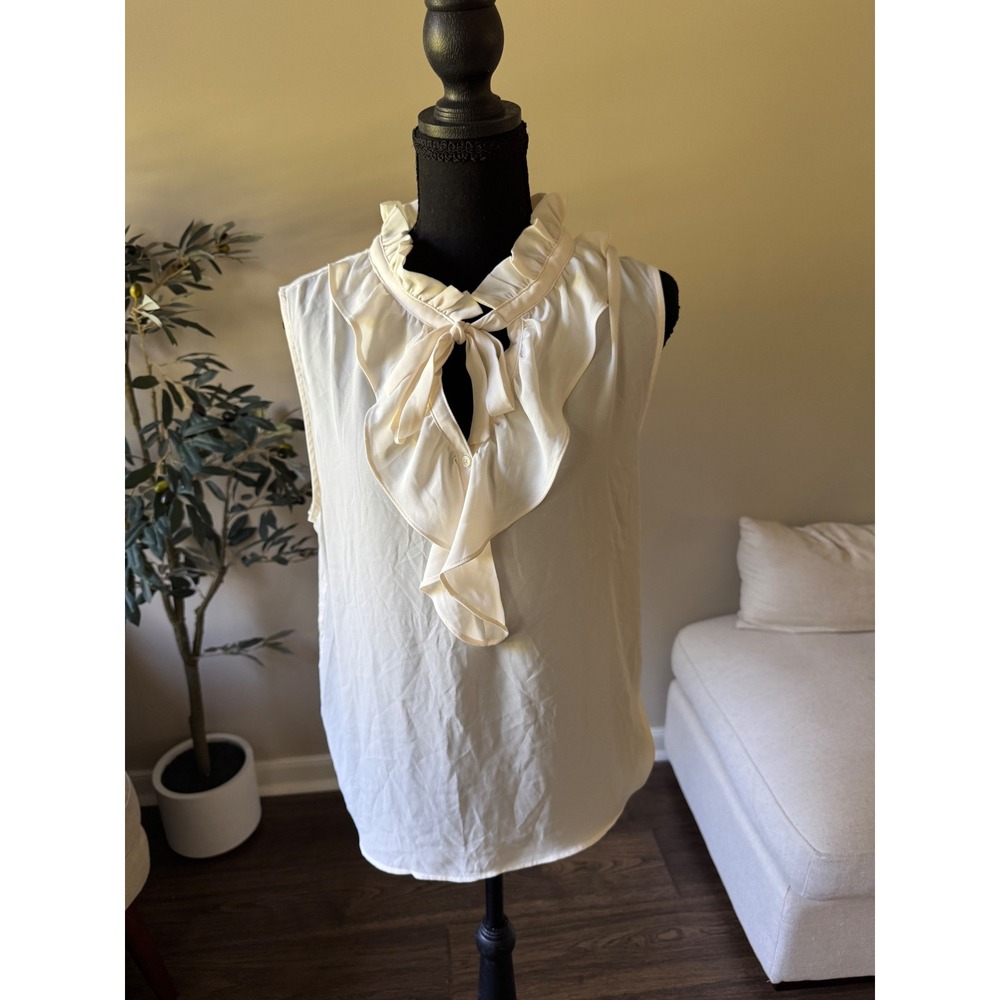 Loft Sleeveless Ruffle Tie Neck Blouse Cream Mixed Media Knit Back Large